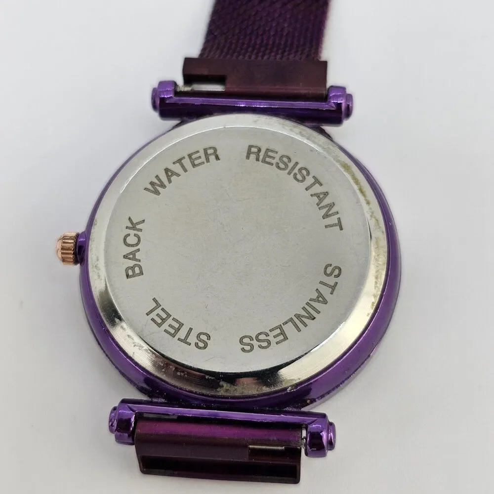34MM Women's Watch Black Glitter Dial Purple‎ Mesh Band Up to 9